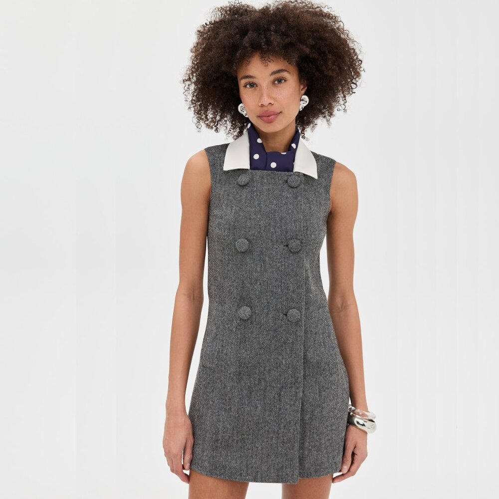 Self-Portrait Grey Herringbone Scarf Detail Mini Dress in a wool blend material